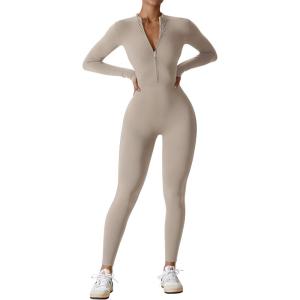 imageYEOREO Women Long Sleeve Workout Jumpsuit Zip Up Romper Bottom Pants Bodysuit Bodycon Sexy One PieceKhaki