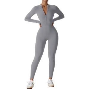 imageYEOREO Women Long Sleeve Workout Jumpsuit Zip Up Romper Bottom Pants Bodysuit Bodycon Sexy One PieceLight Grey