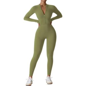 imageYEOREO Women Long Sleeve Workout Jumpsuit Zip Up Romper Bottom Pants Bodysuit Bodycon Sexy One PieceMatcha