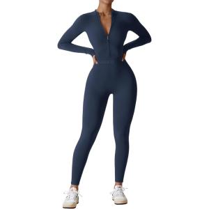 imageYEOREO Women Long Sleeve Workout Jumpsuit Zip Up Romper Bottom Pants Bodysuit Bodycon Sexy One PieceMidnight