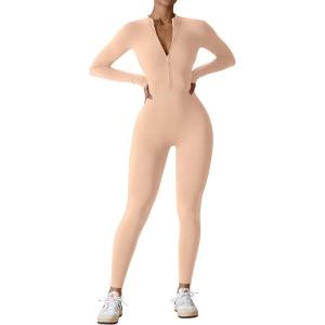 imageYEOREO Women Long Sleeve Workout Jumpsuit Zip Up Romper Bottom Pants Bodysuit Bodycon Sexy One PieceOchre