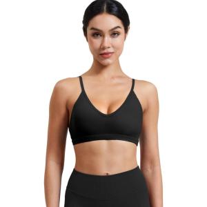 imageYEOREO Women V Neck Sports Bras Crisscross Adjustable Strappy Wirefree Padded Low Impact Yoga Gym Bra Workout Crop TopsBlack