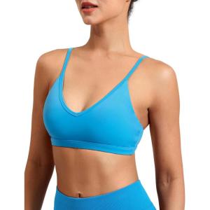 imageYEOREO Women V Neck Sports Bras Crisscross Adjustable Strappy Wirefree Padded Low Impact Yoga Gym Bra Workout Crop TopsBlue