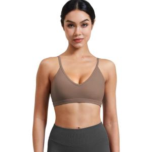 imageYEOREO Women V Neck Sports Bras Crisscross Adjustable Strappy Wirefree Padded Low Impact Yoga Gym Bra Workout Crop TopsGray Brown
