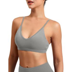 imageYEOREO Women V Neck Sports Bras Crisscross Adjustable Strappy Wirefree Padded Low Impact Yoga Gym Bra Workout Crop TopsLight Grey
