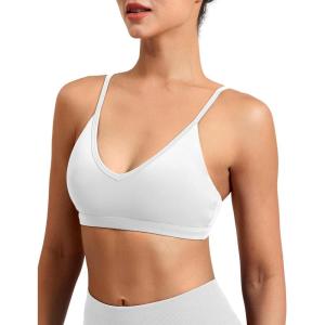 imageYEOREO Women V Neck Sports Bras Crisscross Adjustable Strappy Wirefree Padded Low Impact Yoga Gym Bra Workout Crop TopsWhite
