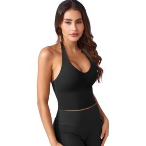 imageYEOREO Womens Halter Crop Top V Neck Workout Going Out Tank Top Hazel Padded Sleeveless Backless Trendy Summer CamisoleBlack