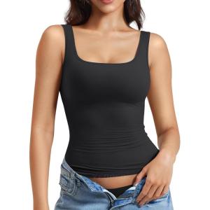 imageYEOREO Womens Square Neck Tank Top Crisssy Double Lined Slim Fit Sleeveless Workout Gym T Shirts Casual Basic TopBlack