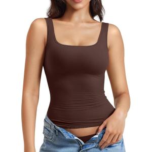 imageYEOREO Womens Square Neck Tank Top Crisssy Double Lined Slim Fit Sleeveless Workout Gym T Shirts Casual Basic TopCoffee
