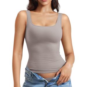 imageYEOREO Womens Square Neck Tank Top Crisssy Double Lined Slim Fit Sleeveless Workout Gym T Shirts Casual Basic TopGrey