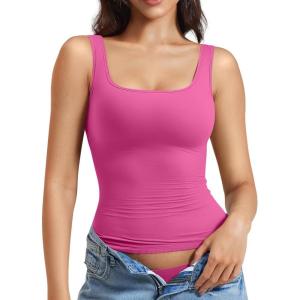 imageYEOREO Womens Square Neck Tank Top Crisssy Double Lined Slim Fit Sleeveless Workout Gym T Shirts Casual Basic TopRose