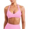 imageYEOREO Women Halter Sports Bra Light Support V Neck Padded Strappy Open Back Workout Gym TopsPink