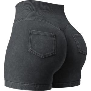 imageYEOREO Impact Biker Shorts for Women with Pockets Bridgie Cargo High Waist Seamless Faux Denim Workout Gym ShortsBlack