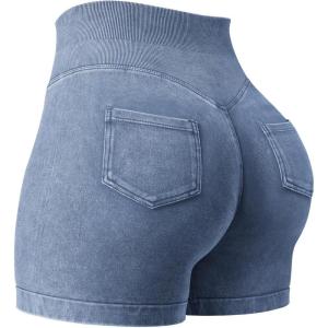 imageYEOREO Impact Biker Shorts for Women with Pockets Bridgie Cargo High Waist Seamless Faux Denim Workout Gym ShortsDark Blue