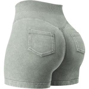 imageYEOREO Impact Biker Shorts for Women with Pockets Bridgie Cargo High Waist Seamless Faux Denim Workout Gym ShortsKhaki