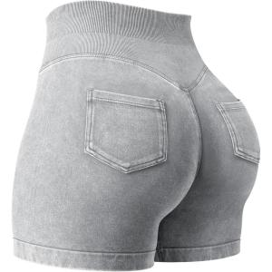 imageYEOREO Impact Biker Shorts for Women with Pockets Bridgie Cargo High Waist Seamless Faux Denim Workout Gym ShortsLight Gray