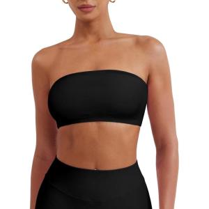 imageYEOREO Strapless Bandeau Sports Bra for Workout Seamless Tube Top Gym Padded Wireless BraBlack
