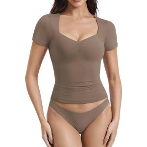 imageYEOREO Women Double Layer Fitted T Shirt Short Sleeve Livia SecondSkin Sexy SweetheartNeck Slim Fit Causual Basic Y2K TopBrown