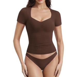 imageYEOREO Women Double Layer Fitted T Shirt Short Sleeve Livia SecondSkin Sexy SweetheartNeck Slim Fit Causual Basic Y2K TopCoffee