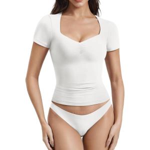 imageYEOREO Women Double Layer Fitted T Shirt Short Sleeve Livia SecondSkin Sexy SweetheartNeck Slim Fit Causual Basic Y2K TopWhite