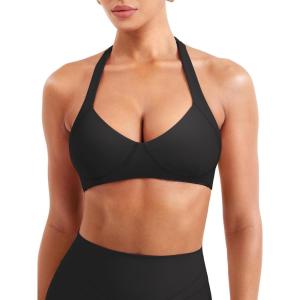 imageYEOREO Women Halter Sports Bra Light Support V Neck Padded Strappy Open Back Workout Gym TopsBlack