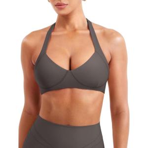 imageYEOREO Women Halter Sports Bra Light Support V Neck Padded Strappy Open Back Workout Gym TopsDark Grey
