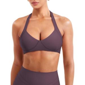 imageYEOREO Women Halter Sports Bra Light Support V Neck Padded Strappy Open Back Workout Gym TopsDeep Berry