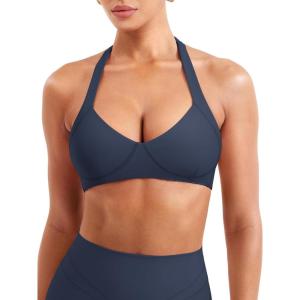 imageYEOREO Women Halter Sports Bra Light Support V Neck Padded Strappy Open Back Workout Gym TopsNavy