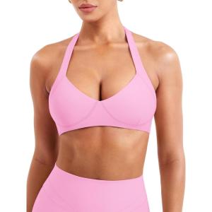 imageYEOREO Women Halter Sports Bra Light Support V Neck Padded Strappy Open Back Workout Gym TopsPink