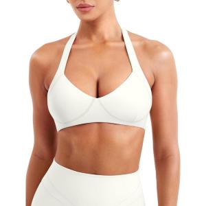 imageYEOREO Women Halter Sports Bra Light Support V Neck Padded Strappy Open Back Workout Gym TopsWhite