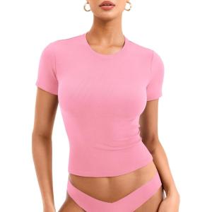 imageYEOREO Womens Basic T Shirts Casual Going Out Short Sleeve Crop Tops Eriney Slim Fit Crew Neck Y2K TeeBaby Pink