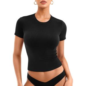 imageYEOREO Womens Basic T Shirts Casual Going Out Short Sleeve Crop Tops Eriney Slim Fit Crew Neck Y2K TeeBlack