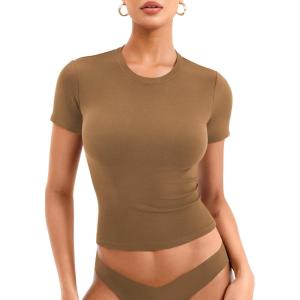 imageYEOREO Womens Basic T Shirts Casual Going Out Short Sleeve Crop Tops Eriney Slim Fit Crew Neck Y2K TeeCoffee