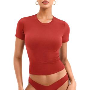 imageYEOREO Womens Basic T Shirts Casual Going Out Short Sleeve Crop Tops Eriney Slim Fit Crew Neck Y2K TeeRed