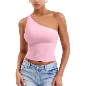imageYEOREO Womens One Shoulder Tops Sleeveless Going Out Tank Top Fanciy Double Lined Cropped Tee Y2K Summer Shirts Slim FitBaby Pink