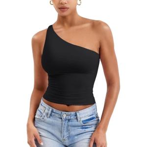 imageYEOREO Womens One Shoulder Tops Sleeveless Going Out Tank Top Fanciy Double Lined Cropped Tee Y2K Summer Shirts Slim FitBlack
