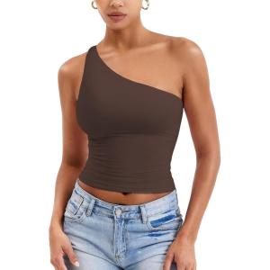 imageYEOREO Womens One Shoulder Tops Sleeveless Going Out Tank Top Fanciy Double Lined Cropped Tee Y2K Summer Shirts Slim FitBrown