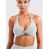 imageYEOREO Halter Sports Bras for Women Low Impact Removable Padded Adgustable Front Twist Deep V Seamless Workout Gym TopsBeige Light Grey