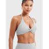imageYEOREO Halter Sports Bras for Women Low Impact Removable Padded Adgustable Front Twist Deep V Seamless Workout Gym TopsBeige Light Grey