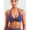 imageYEOREO Halter Sports Bras for Women Low Impact Removable Padded Adgustable Front Twist Deep V Seamless Workout Gym TopsPurple