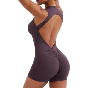 imageYEOREO Backless Workout Jumpsuits Women One Piece Sleeveless Jumpsuit with Pads Tessia Scrunch Butt Yoga RomperBlack Berry Purple