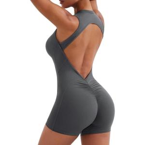 imageYEOREO Backless Workout Jumpsuits Women One Piece Sleeveless Jumpsuit with Pads Tessia Scrunch Butt Yoga RomperDark Gray
