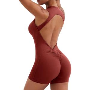 imageYEOREO Backless Workout Jumpsuits Women One Piece Sleeveless Jumpsuit with Pads Tessia Scrunch Butt Yoga RomperRed