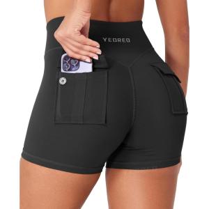 imageYEOREO CoreFlex Cargo Pocket Workout Shorts for Women Scrunch Zipper 36quot High Waisted Yoga Gym ShortsBlack