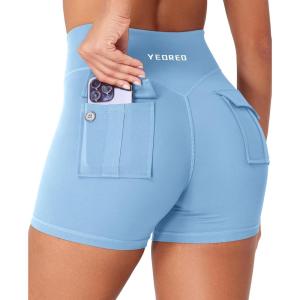 imageYEOREO CoreFlex Cargo Pocket Workout Shorts for Women Scrunch Zipper 36quot High Waisted Yoga Gym ShortsBlue