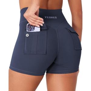 imageYEOREO CoreFlex Cargo Pocket Workout Shorts for Women Scrunch Zipper 36quot High Waisted Yoga Gym ShortsNavy