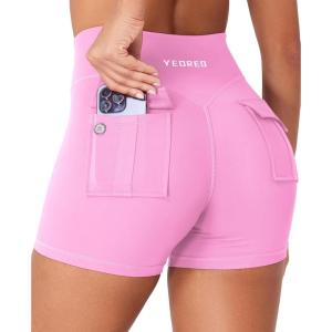 imageYEOREO CoreFlex Cargo Pocket Workout Shorts for Women Scrunch Zipper 36quot High Waisted Yoga Gym ShortsPink