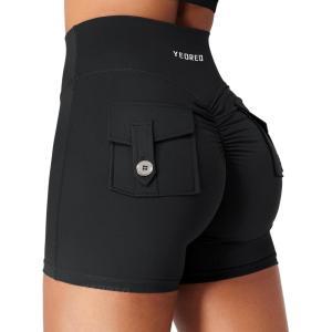 imageYEOREO CoreFlex Scrunch Workout Shorts with Pockets for Women 45quot High Waisted Cargo Gym Biker Shorts Tummy Control YogaBlack