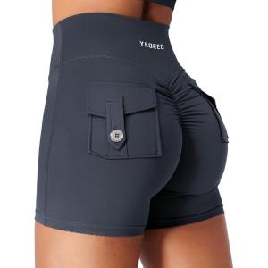 imageYEOREO CoreFlex Scrunch Workout Shorts with Pockets for Women 45quot High Waisted Cargo Gym Biker Shorts Tummy Control YogaCoal