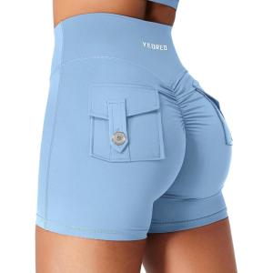 imageYEOREO CoreFlex Scrunch Workout Shorts with Pockets for Women 45quot High Waisted Cargo Gym Biker Shorts Tummy Control YogaLight Blue